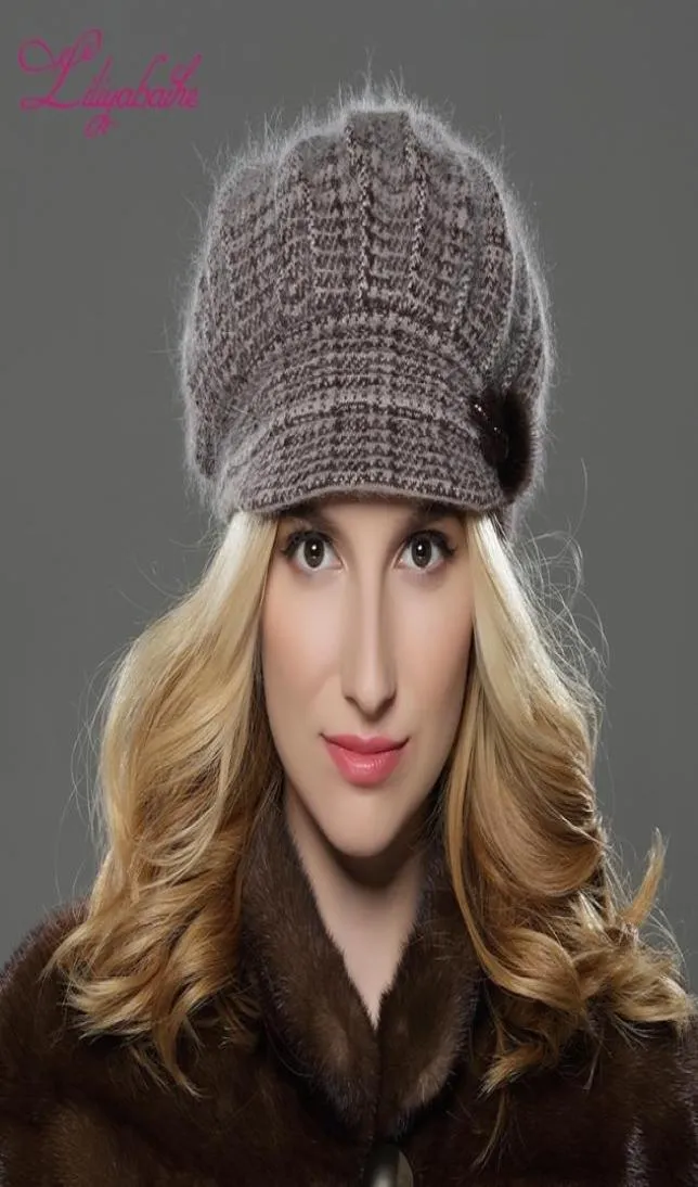 LILIYABAIHE NEW Style Women Winter brim knitted wool angora Geometric mink flower decoration cap Double warm hat Y2001026464403