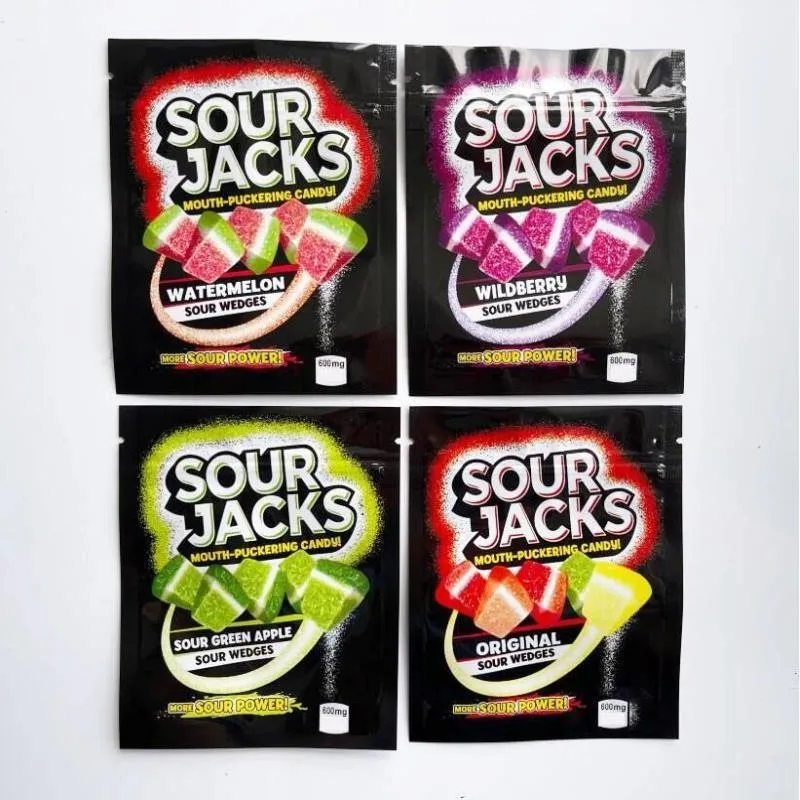 Originele Sourjacks candy gummies mylar zakken 600 mg doordrenkt aluminiumfolie hersluitbare platte ritszak Sanbq Jbxwc