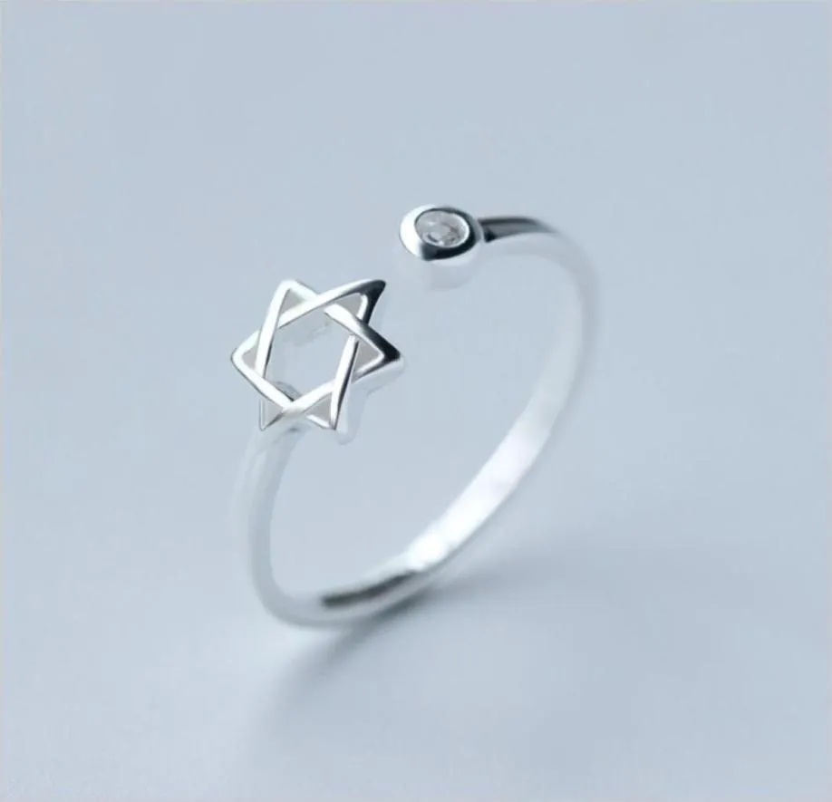 Enkel ihålig stjärna öppen ring real 925 sterling silver hexagram smycken mode tonåring flickor gåva punk finger ringar justerbar storlek M1917004