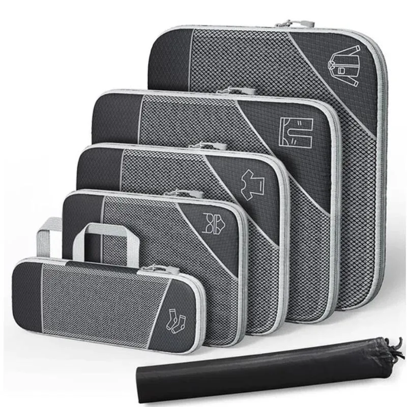 Gepäck Organizer 3er Set | Kompressions Packwürfel Grau | Reise Packbeutel Koffer
