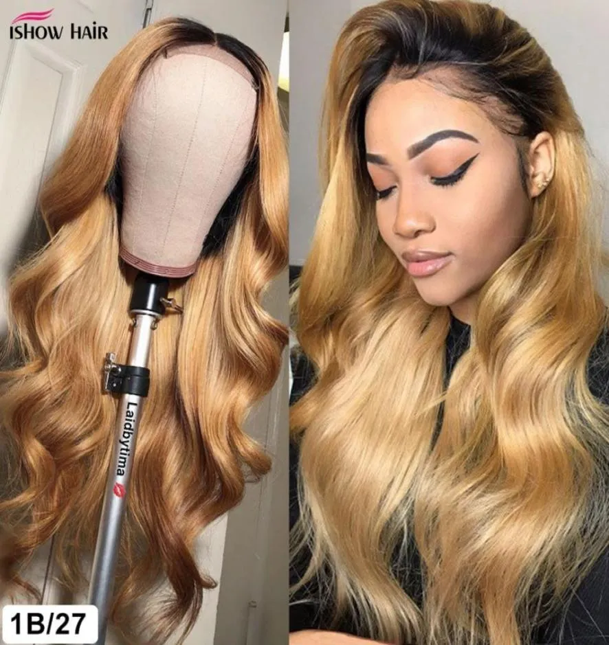 Ishow 1440inch HD الدانتيل الشفافة الأمامية WIG 1B27 Human Hair Wigs 13x4 13x6 5x5 4x4 350 لون بني مستقيم مجعد الماء فضفاضة 7001561