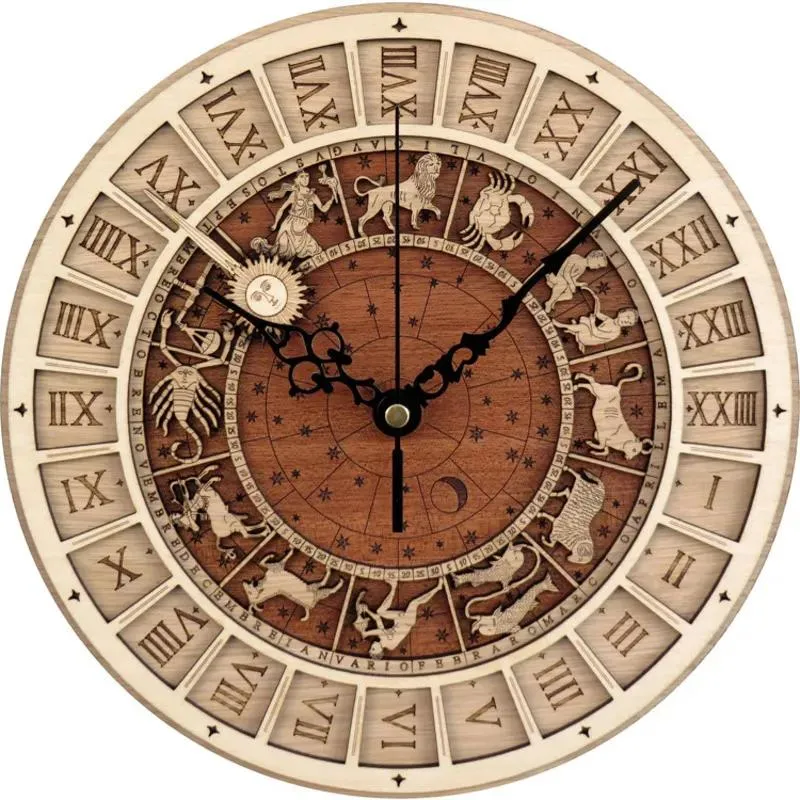 시계 30cm 베네치아 천문 목조 시계 창조적 인 벽 쿼츠 12 개의 별자리 거실 홈 장식 220318