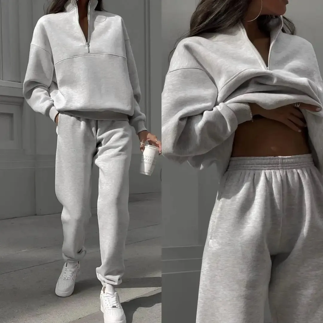 Casual Long Sleeve Sweatshirts and Trousers Fleece Two Piece Sets Lady Suit 2024 Women's Tracksuit Autumn Warm Hoodie 231225