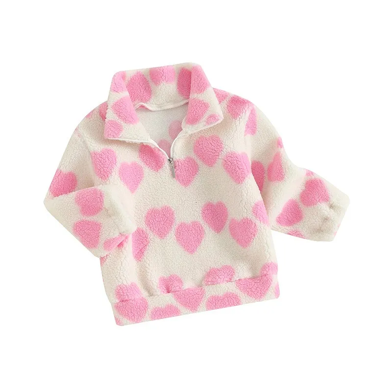 Wallarenar Kids Toddler Girl Valentine's Day Outfits Heart Print Fleece Coat Long Sleeve 1 4 Zipper Stand Collar Jacket 231225