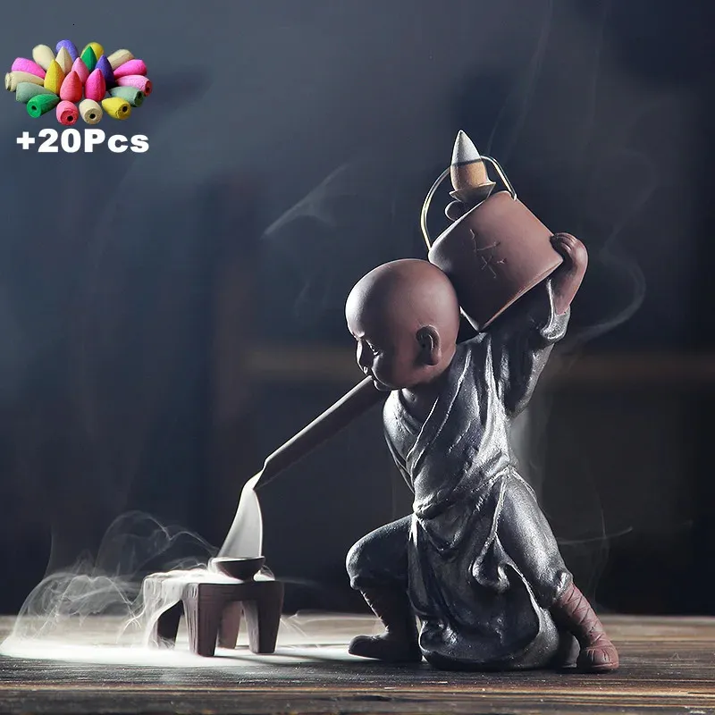 Gift 20Cones Creative Handmade Zen Kung Fu Monk Buddha Backflow Incense Kungfu Tea Art Tea Pet Smell Removing Incense 231225