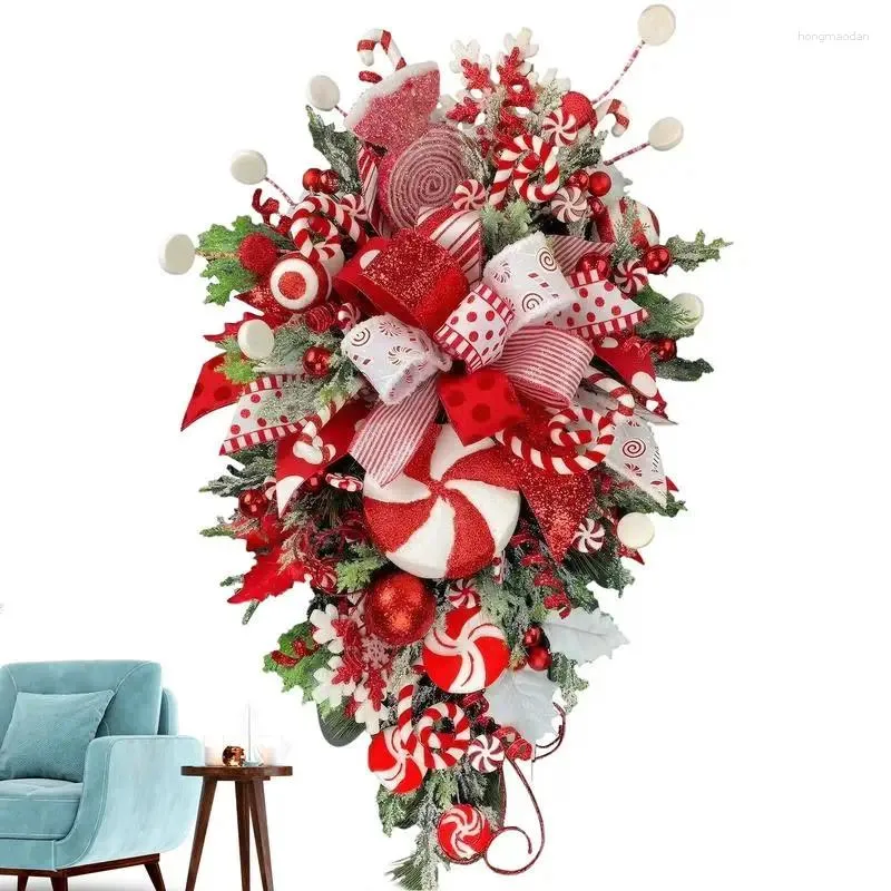 Flores decorativas porta swag natal vermelho e branco doces artificiais para decorar grinaldas com árvore de cabeça para baixo feriado
