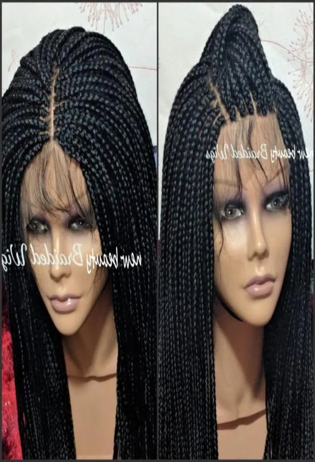 Lagerdelbox flätor Wig Black Color Medium flätad full spetsfront peruk för afrikanska kvinnor syntetiska värmebeständiga fiber6361383
