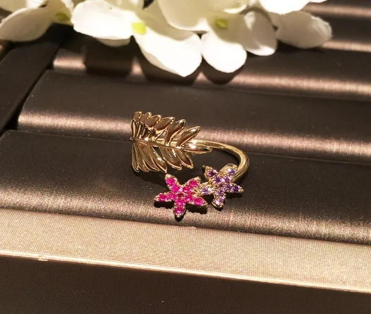 Otwarte regulowane diamentowe liście kwiatów cyrkonu ładne pierścionki luksusowe projektantów modowych pierścionków dla kobiet dziewcząt Prezenty 6672093