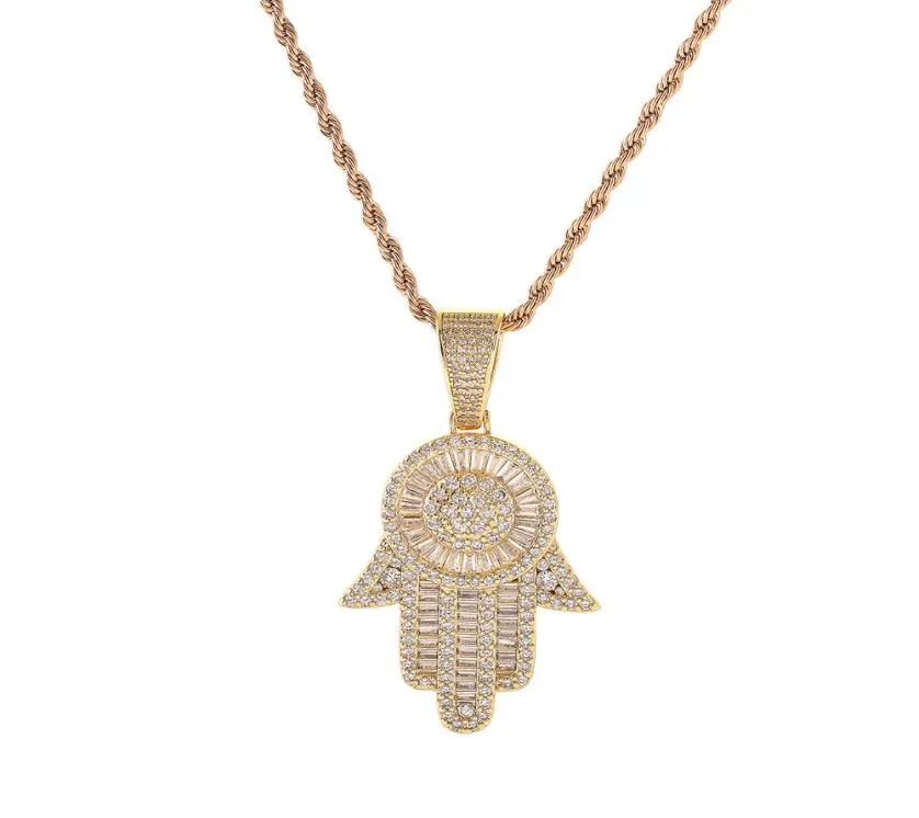 Iced Out Cubic Zirconia Bling Fatima Hand Pendant Colar Hip Hop Prata Ouro como presentes 9297328