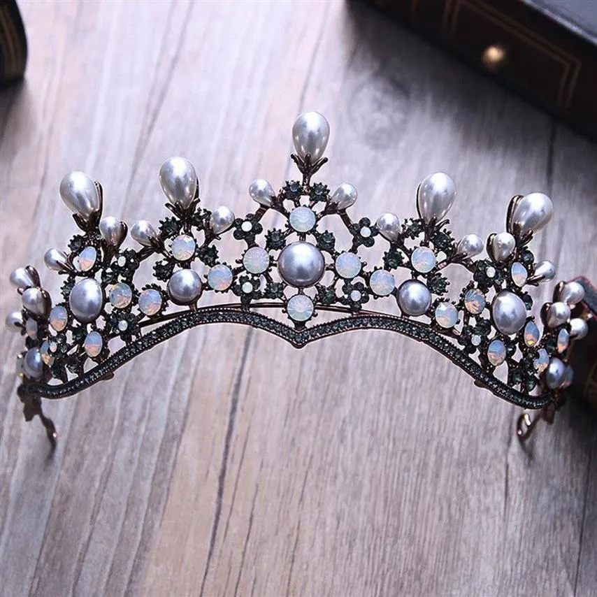 Barroco Vintage Crystal Pearl Tiaras nupciales Hairband Headpiece Black Rhinestone Princess Pageant Crown Accesorios para el cabello de boda Y22322