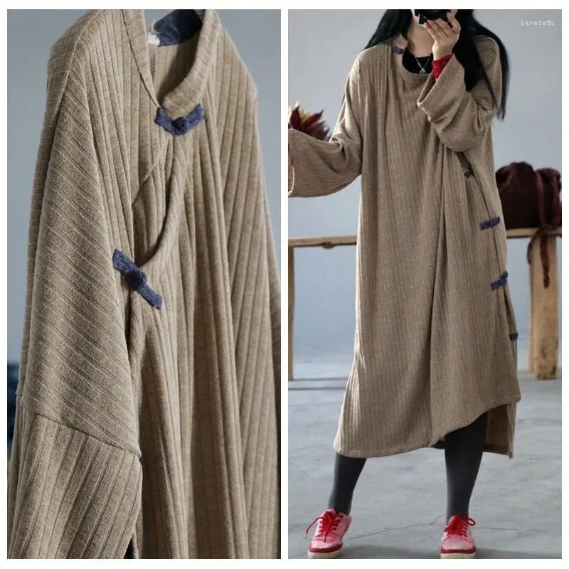 Robes décontractées Johnature Femmes Vintage Coton Stand Bouton Automne Manches longues Robes de style chinois 2023 A-Line Soft