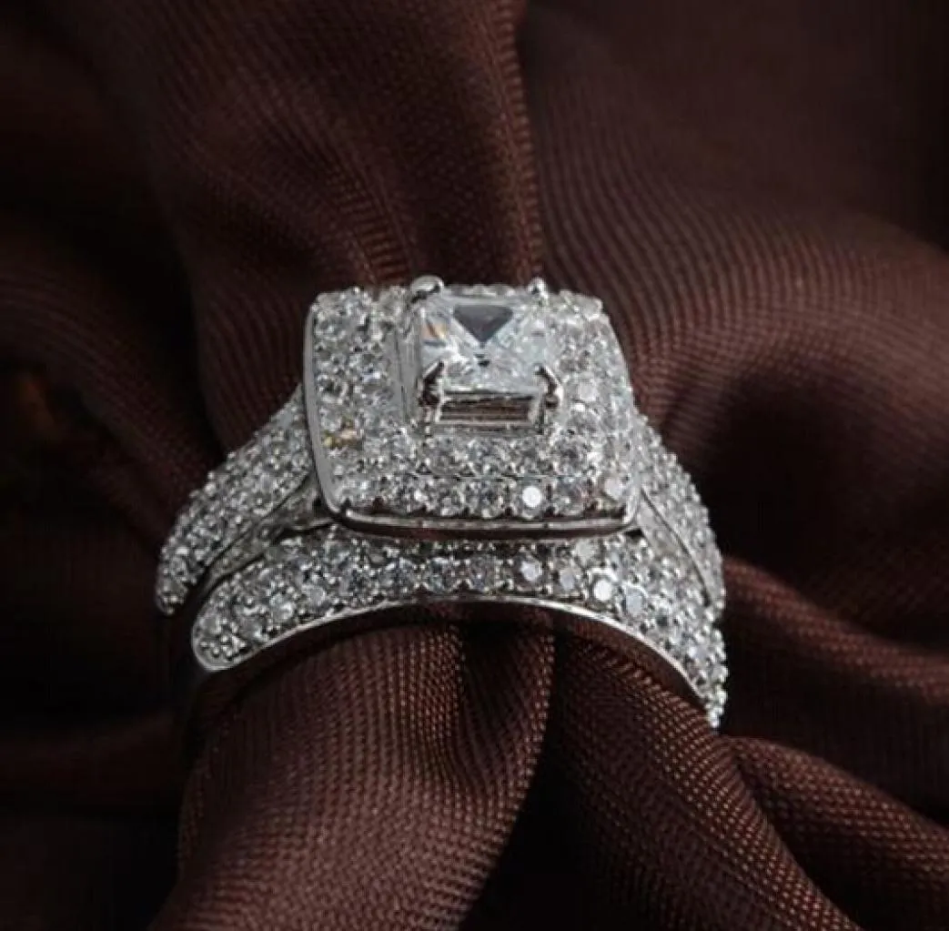 Todo real fino princesa corte 14kt ouro branco preenchido cheio topázio gem simulado diamante feminino casamento noivado anel5849681
