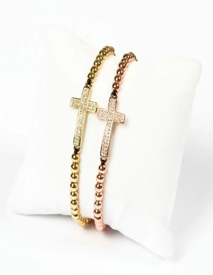 New Design Jewelry Whole 10pcslot New Arrival 4mm Brass Beads Micro Paved Clear Double Cz Cross Jesus Braided Bracelet For Gi3664593