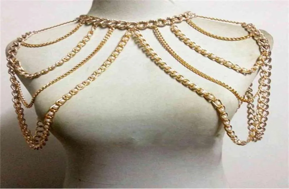 CHRAN Mode Vrouwen Sexy Goud Kleur Body Ketting Chain Charm Multi Layer Faux Parel Schouder Slave Buik Harnas Jewelry1493302