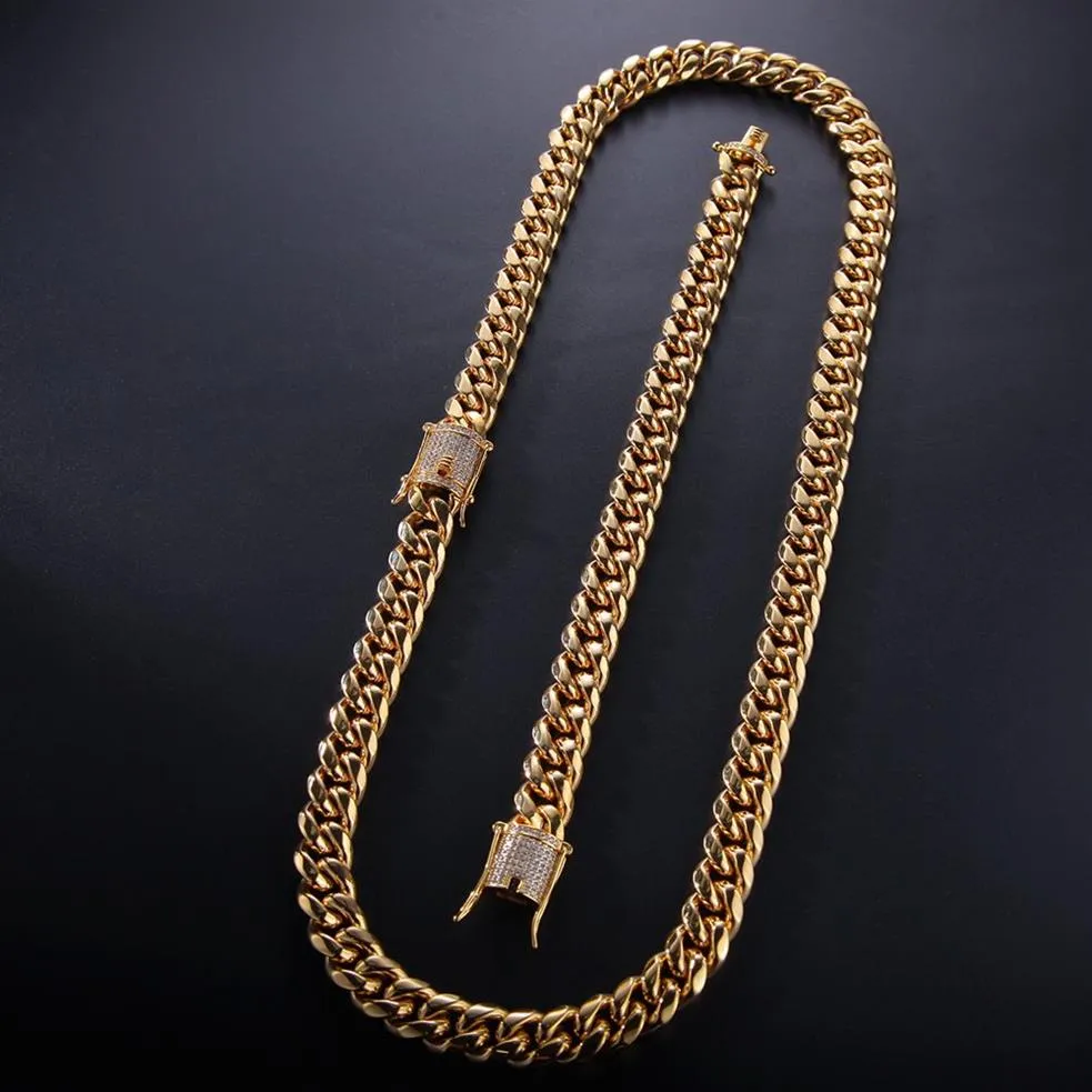 12mm 14mm Mens Cuban Miami Link Armband Chain Set Rhinestone Clasp Rostfritt stål Guld Hip Hop -halsbandskedja smycken Set305k