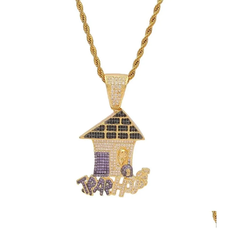 Colares de pingente que armadilham casa cz bling roxo gelado micro pavimentado colar para homens hiphop jóias8638904 gota entrega jóias pe dh1wx