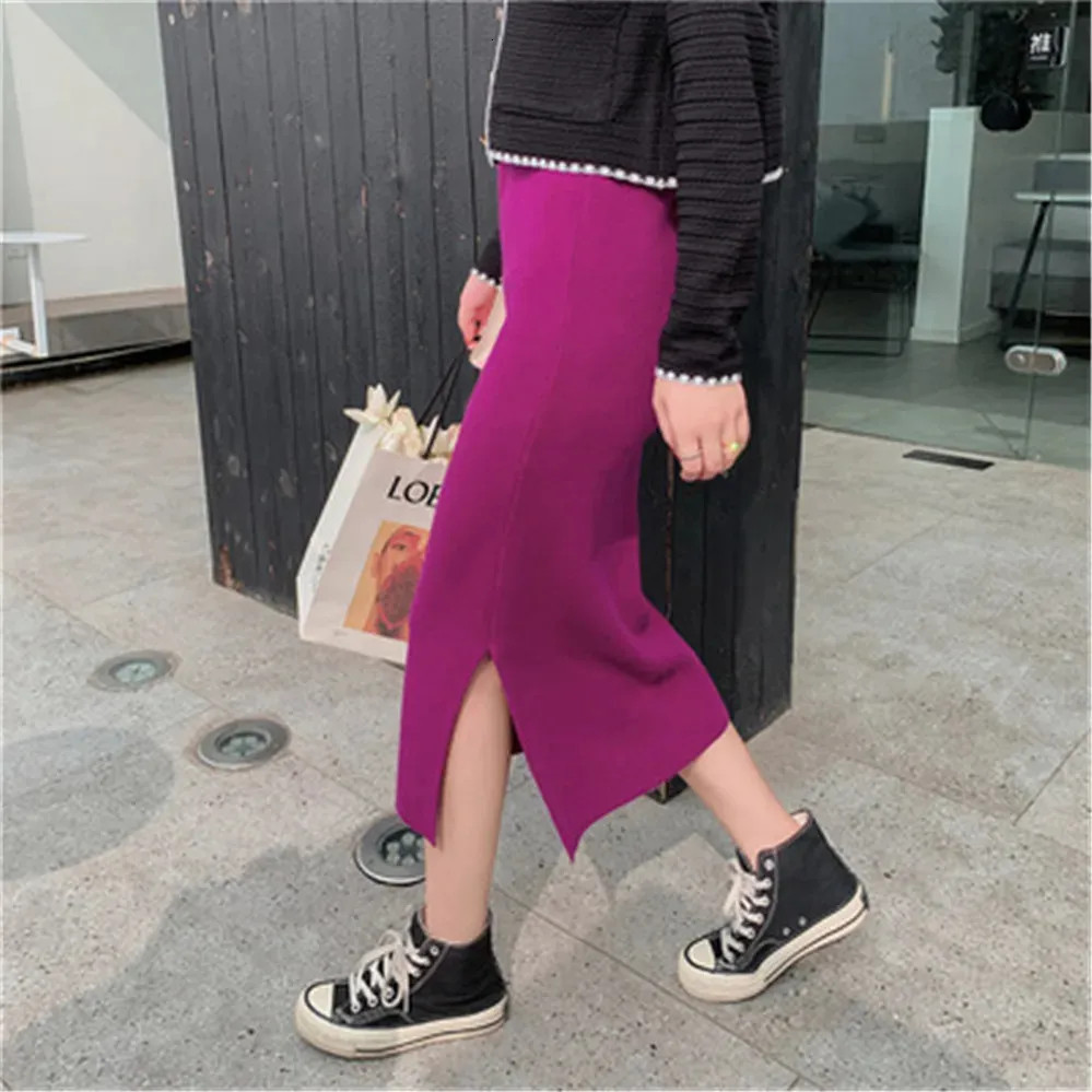 Korean Style Beige Black Green Purple Tube Skirt Women's Knit Straight Skirt With Slit High Waist Long Pencil Skirt Womens 231226