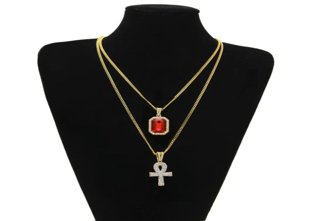 Hip Hop Sieraden Egyptische grote Ankh Sleutel hanger kettingen Sets Mini Vierkant Robijn Saffier met Charme Cubaanse link Voor heren Fashion2739451