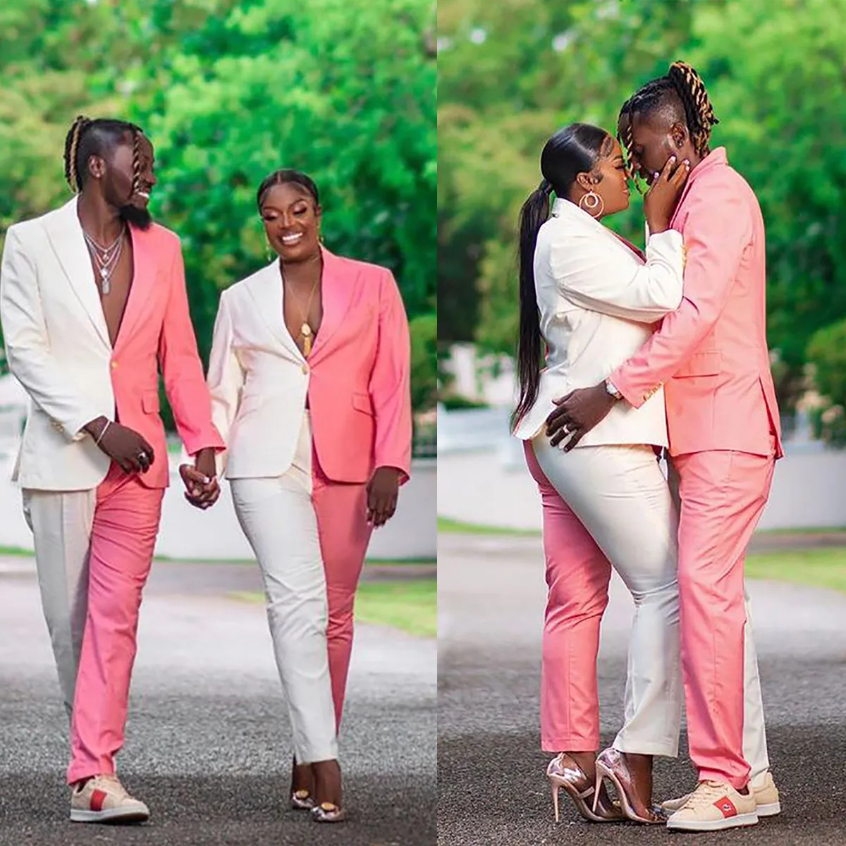 Set di pantaloni per coppia Taglie forti da donna Abiti da festa per invitati a un matrimonio Pantaloni da donna rosa e bianchi con un bottone