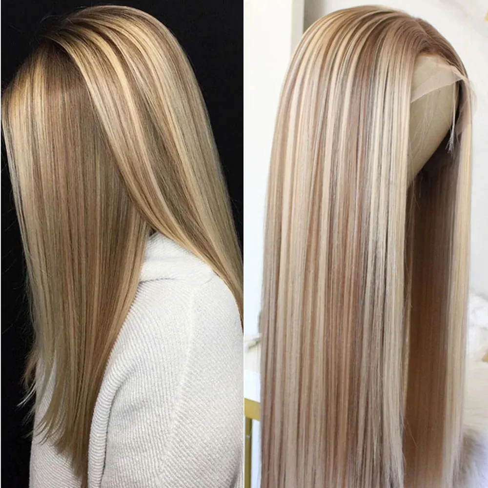 Markera brun spetsfront peruk lång rak syntetiska peruker för kvinnors mellersta del Blond T Glueless 231226