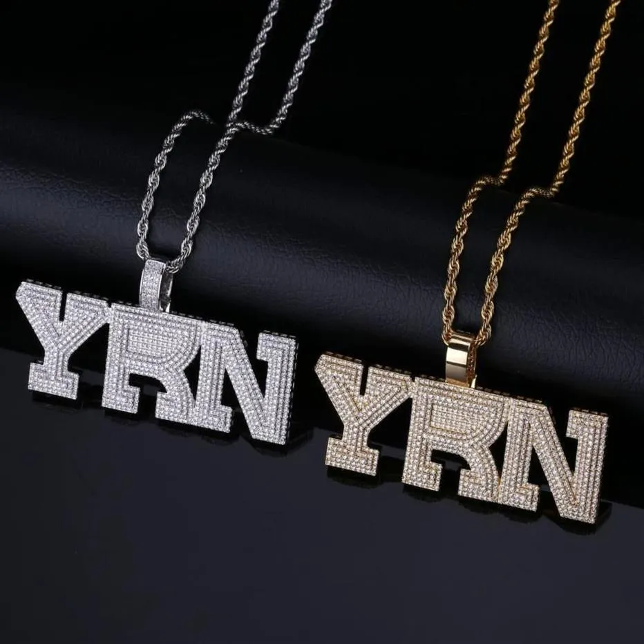 Naszyjniki wisiorek aitiei lodowe Bling Yrn Letters Naszyjnik z łańcuchem liny Złoty srebrny kolor hip -hop biżuteria 3234