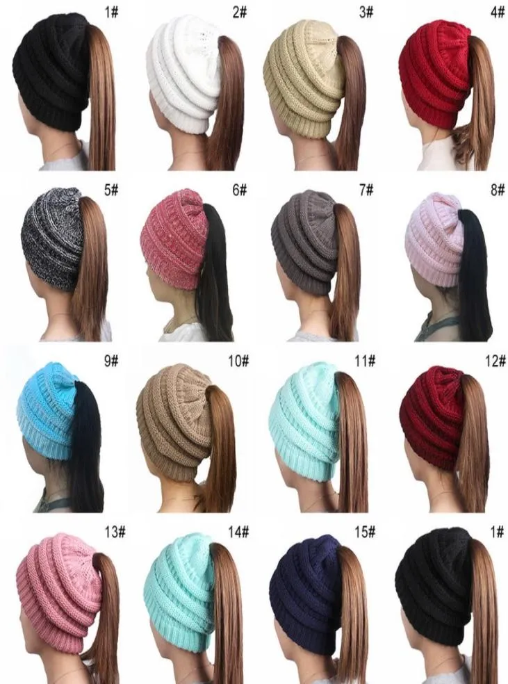 2018 Winter Girls Women Hat Ladies Girl Stretch Soft Knit Hat Messy Bun Warm Hats Caps bonnet femme hiver2751018