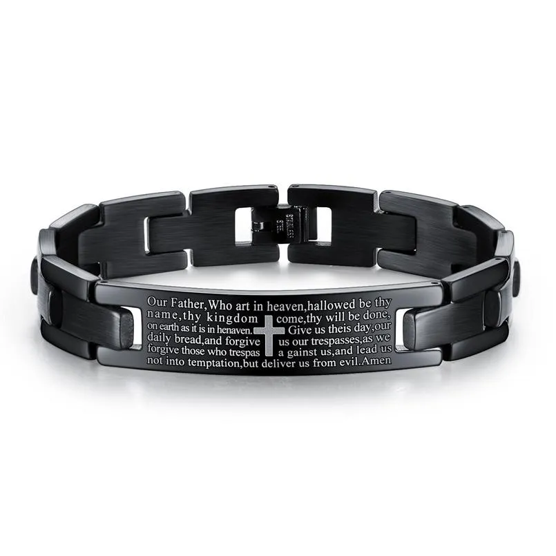 Bracelet à breloques croix de prière du Seigneur noir 12 mm en acier inoxydable, étiquette incurvée, croix, 216q