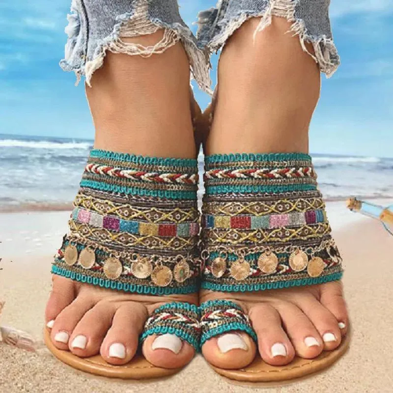 Flopy Bohemian etniczny w stylu etnicznym kapcie cekiny płaskie sandały kobiet kobiety greckie antylowe klapki klapki na zewnątrz buty flipflops buty