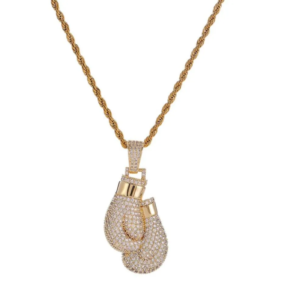 Hip hop bling luvas de boxe pingente colar com corda corrente ouro prata cor gelado para fora zircão cúbico jóias1695770