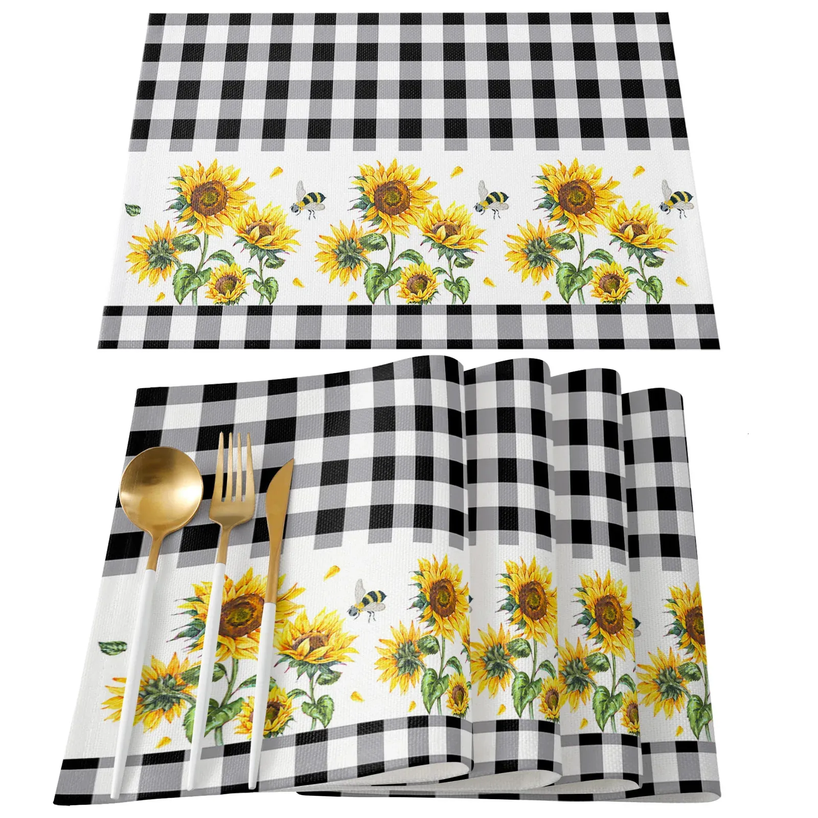 Farm Sunflower Bee Plaid Table Mat Wedding Holiday Party Dining Placemat Kitchen Accessories Napkin 231225