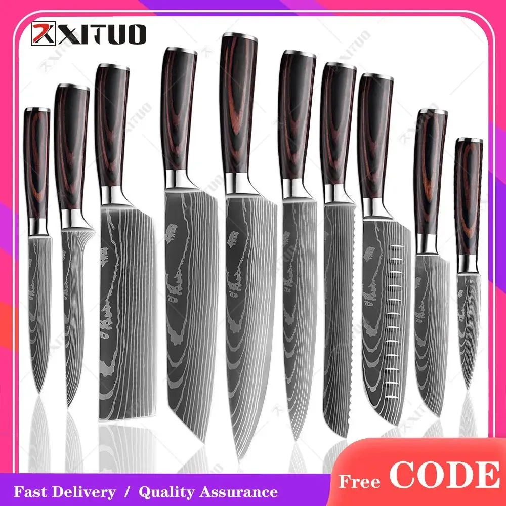 Couteaux XITUO couteau de Chef 110 pièces ensemble couteaux de cuisine Laser motif damas tranchant japonais Santoku couperet couteau utilitaire de tranchage