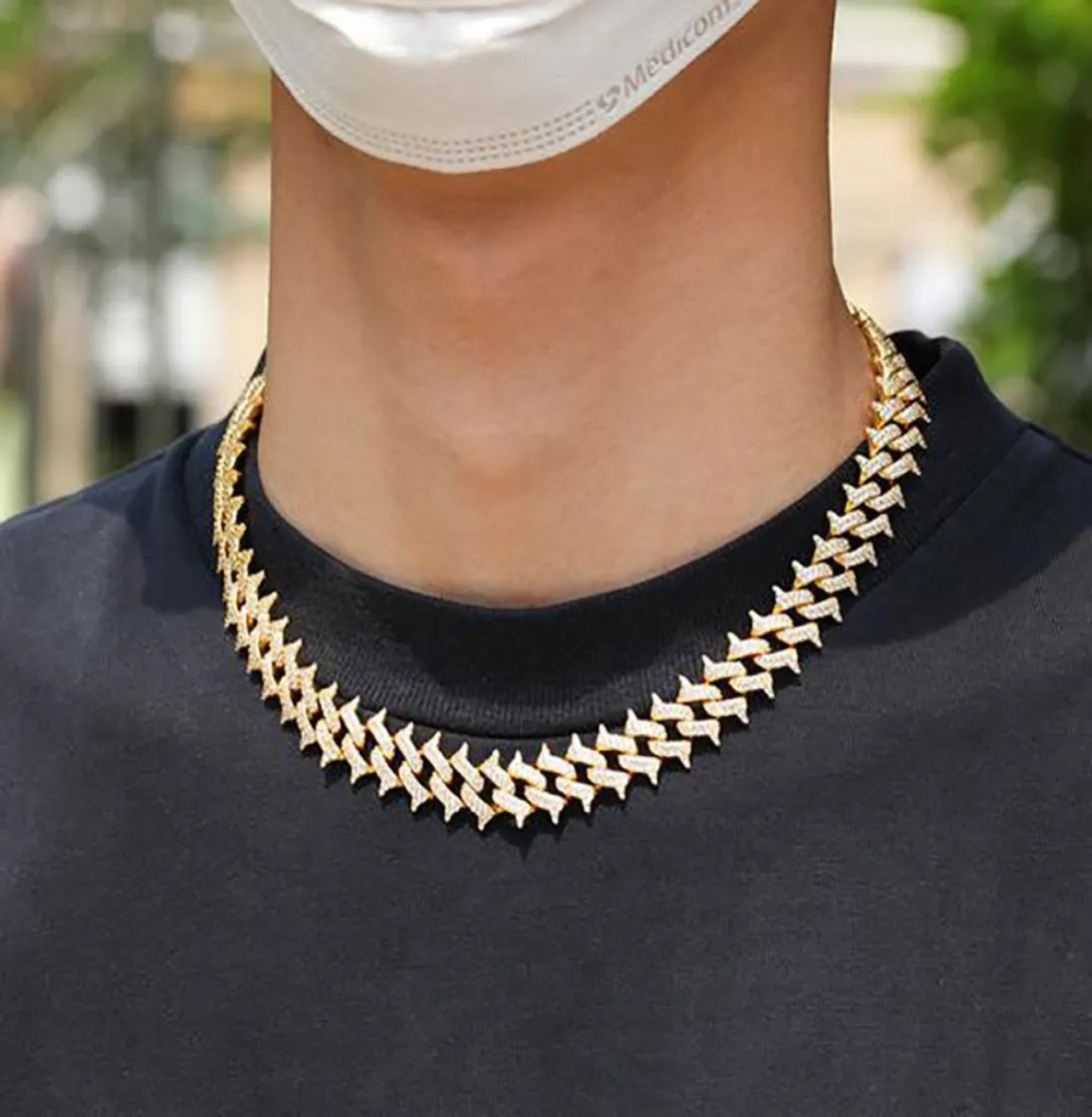 Men's 14k Gold Plated 16mm Spike Chain Iced Fin Hip Hop Necklace Miami Box Clasp Cuban Chain Cubic Zircon Bling Hip hop Jewelry9557355