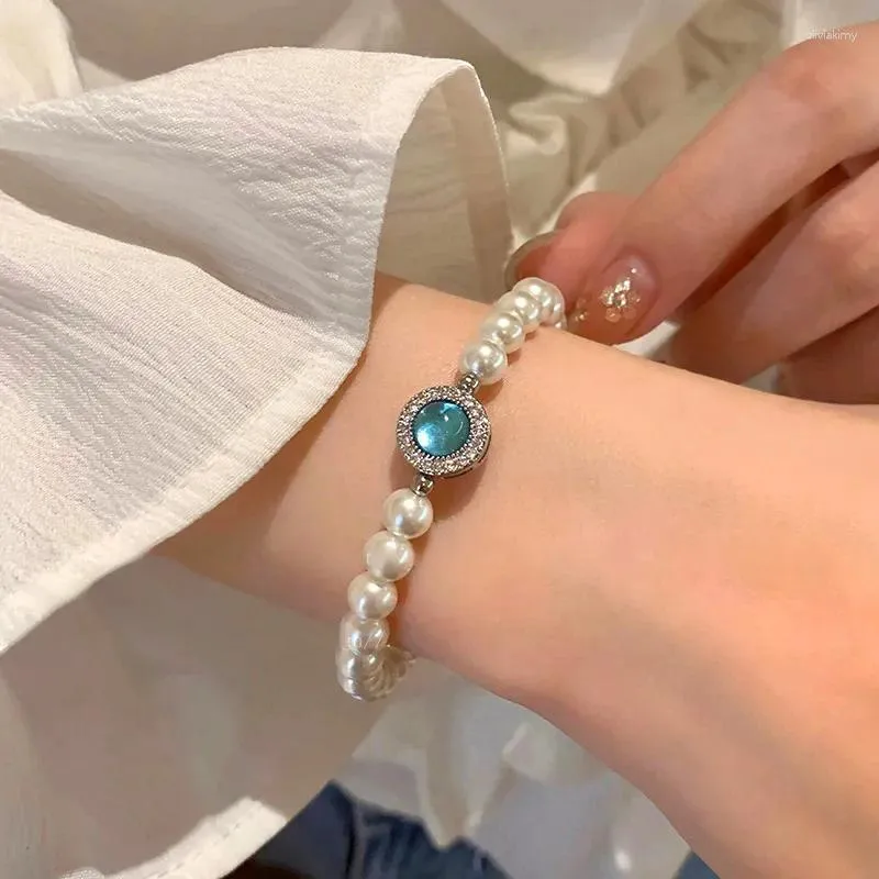 Link Armbanden 2023 Blauwe Zirkoon Ronde Kraal Parel Armband Voor Vrouwen Luxe Prachtige Elegante Temperament Dames Bruiloft Gala Sieraden Geschenk