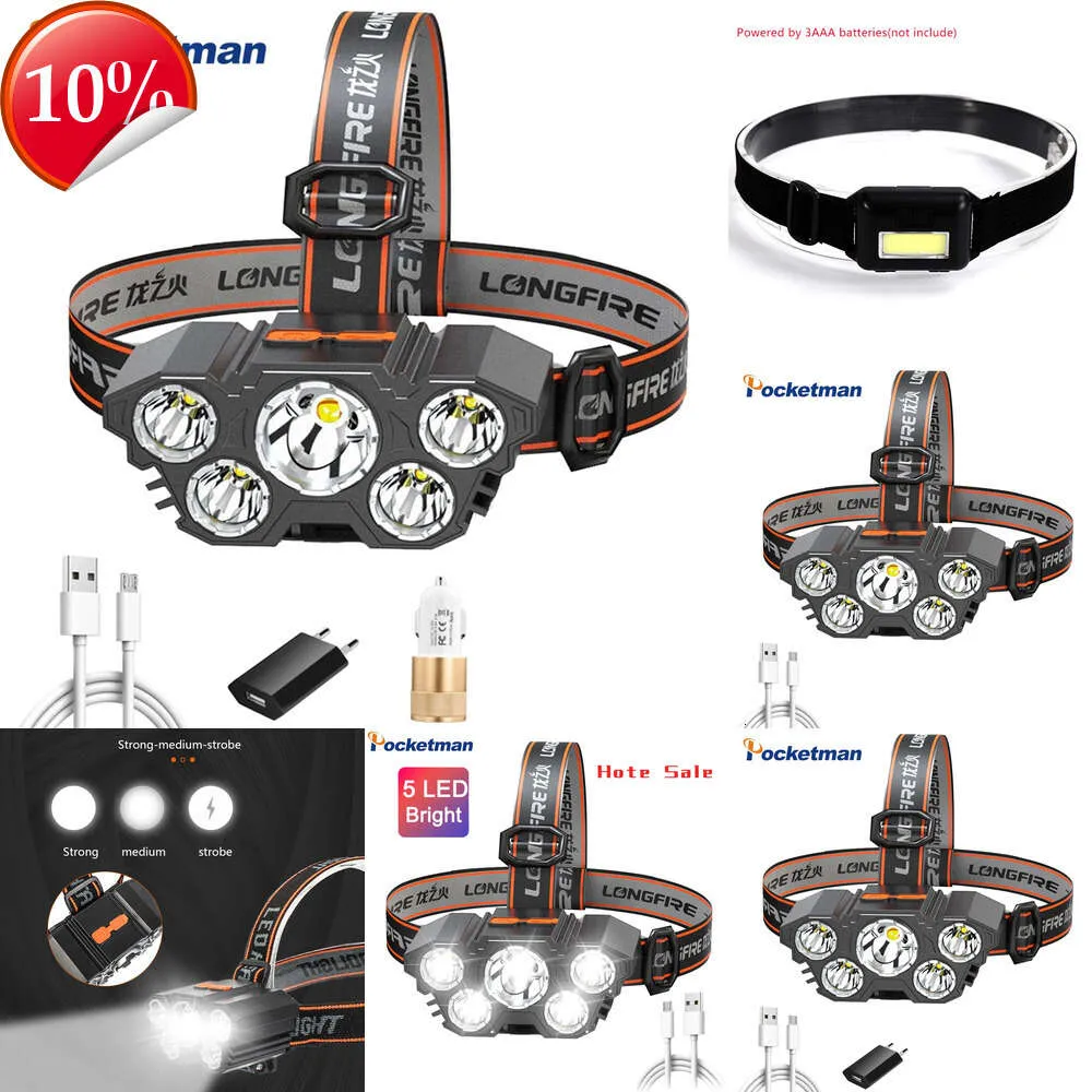 New Headlamps Super Bright 5*LED Headlamp Outdoor Waterproof Headlight Camping Head Lamp High Lumen Head Flashlight for Cycling Emergency