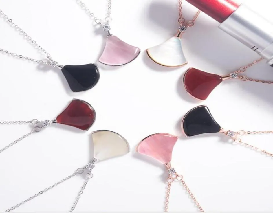 Solid 925 Sterling Silver Fan Shaped Pendant Necklace Black Agate Pink Opal Women Collarbone Necklaces Jewelry4132761