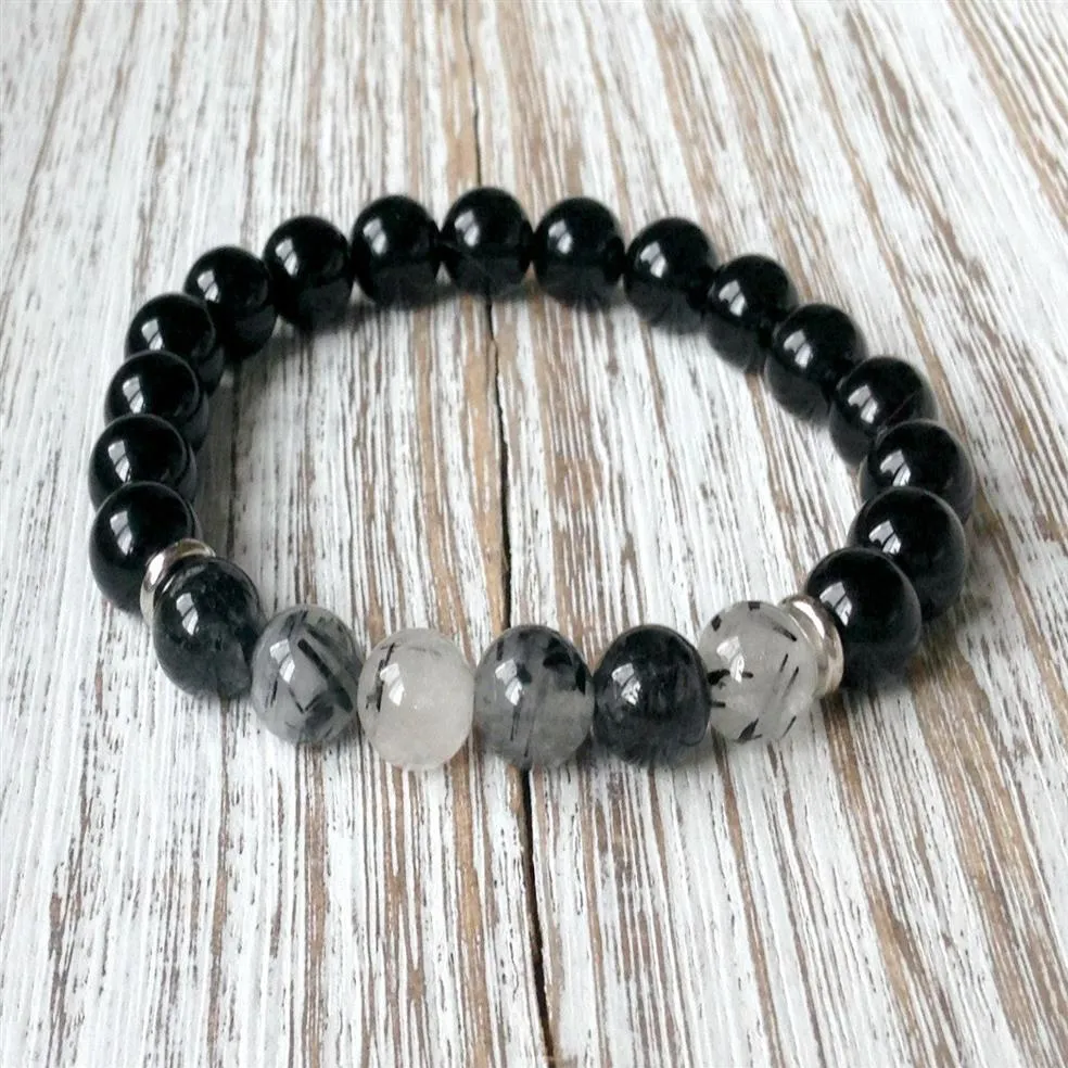 Bracelet à Quartz rutilé en Onyx noir de qualité supérieure, SN1055, Bracelet de guérison, Chakra du cœur, Yoga, bijoux 256D