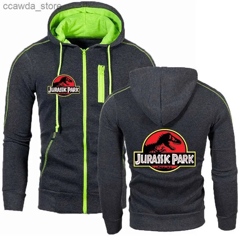 Herrtröjor tröjor Jurassic Park Men's Printed Jacket Sports Zip Hoodie Multi Zip Slim Hoodie Jacket Casual Long Sheeve Sweatshirt Men Q231226