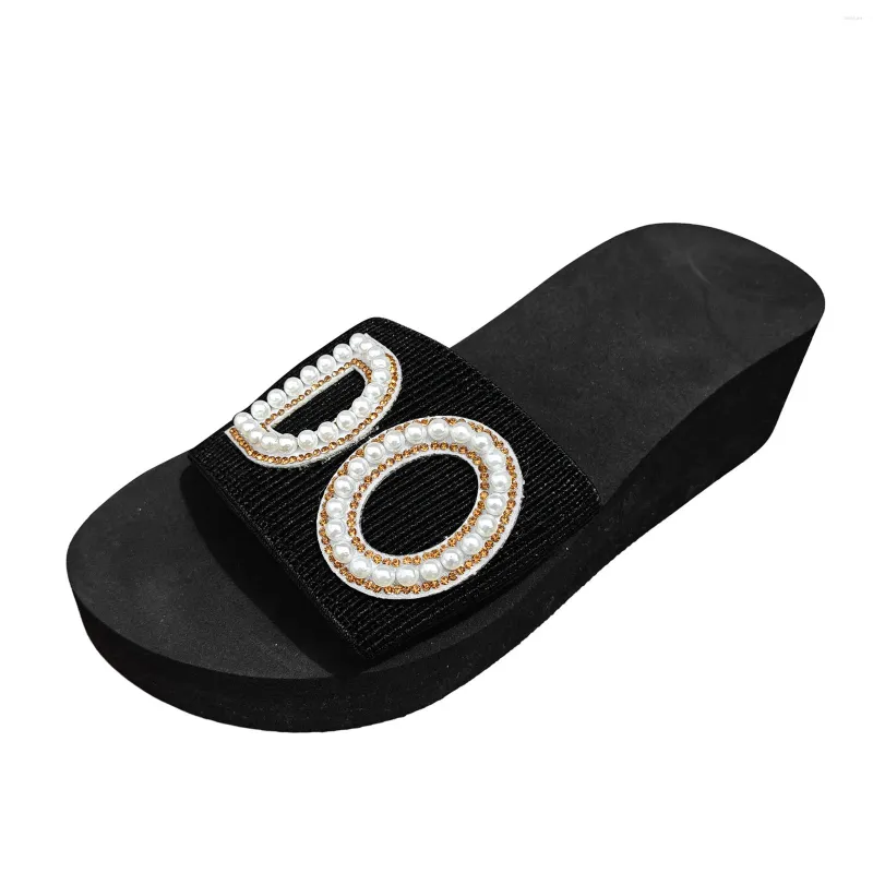 Slippers Ladies Fashion Summer Pearl Decoration Open Toe de pé espesso do salto de encosta Tamanho das mulheres 11