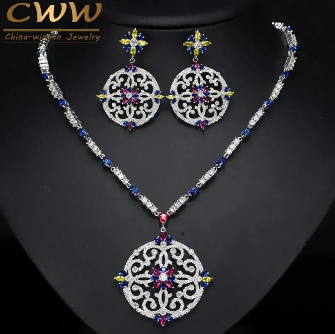 Cwwzircons Vintage African Multi -Color Cubic Zirkonia Wedding Big Długi Drop Naszyjnik i kolczyki Zestaw biżuterii ślubnej T105 CX20082561209