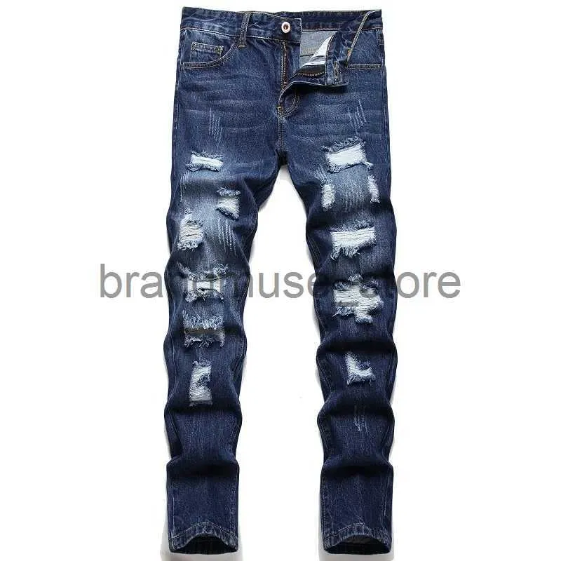 Dames jeans denim broek recht gewassen met geplooide gescheurde gaten knoop skinny biker jeans blauw 2022 slim fit jeans heren broek hete verkoop J231226