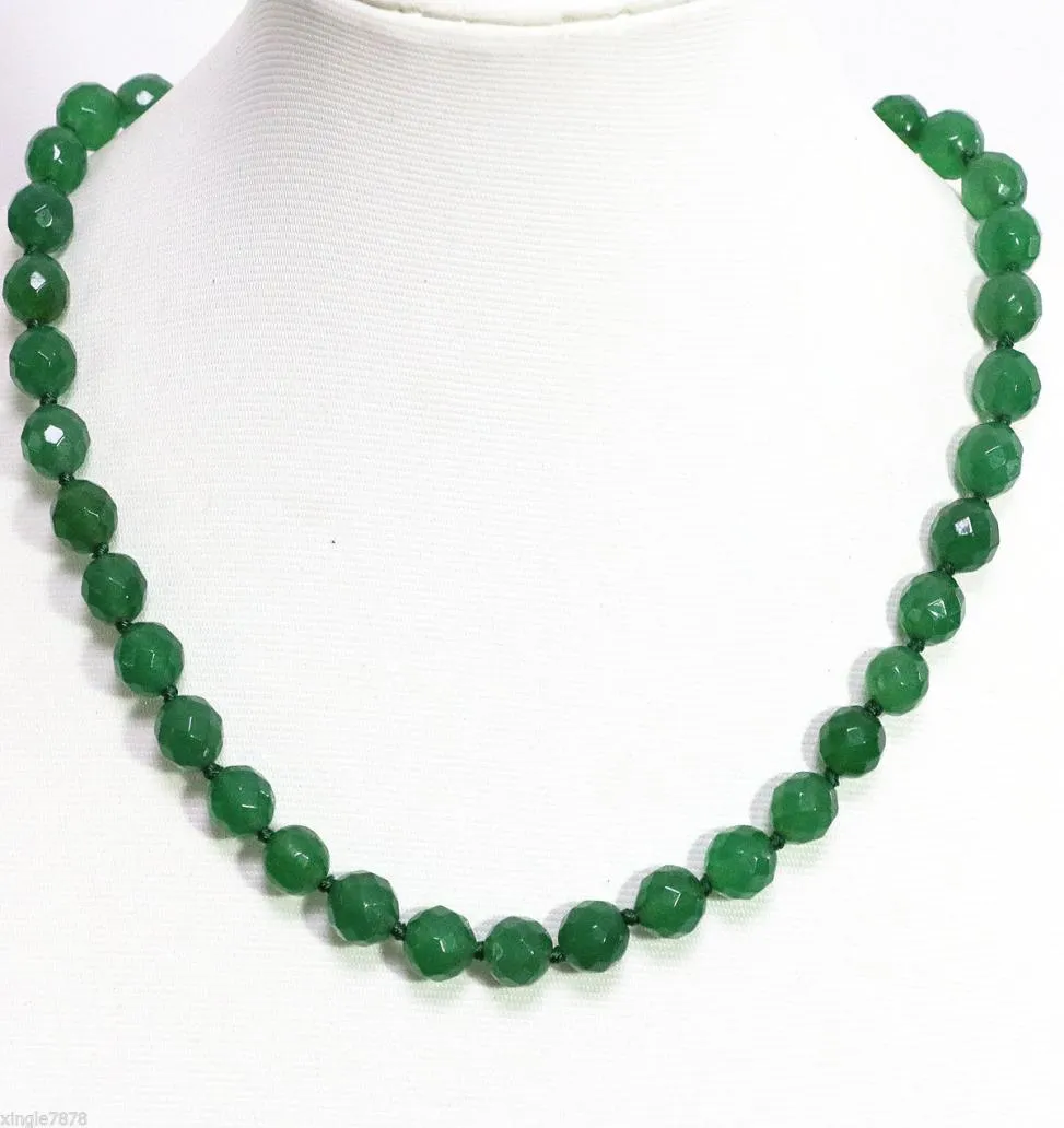 Collana a catena con perle tonde sfaccettate di giada verde smeraldo da 10 mm 18 pollici7095204