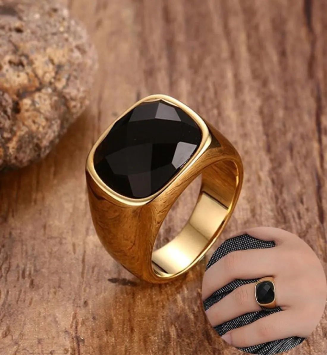 Anéis de sinete de pedra de cornalina preta vintage para homens cor dourada de aço inoxidável anéis de noivado quadrados joias masculinas 9955176
