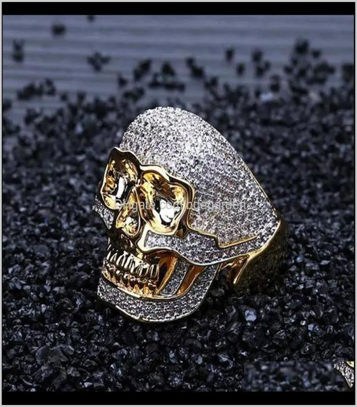 Solitaire Hommes Plaqué Jaune 18K Crâne Personnalisé Or Cz Bling Bague Diamants Simulés Micro Pave Set Pierres Hip Hop Anneaux Ysorx3171325