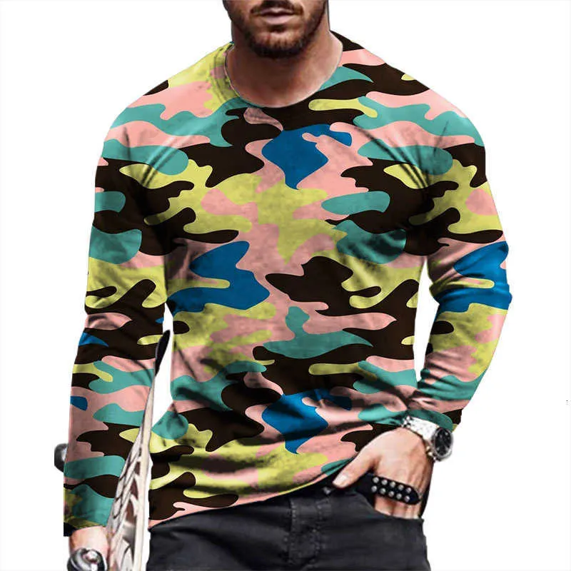 T-shirt à manches longues et col rond pour homme, ample, à la mode, avec impression numérique, sport, camouflage 3D, nouvelle collection printemps 2021