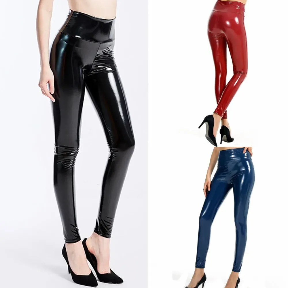 Vrouwen sexy lederen leggings mode plus maat hoge taille rekbare paaldansen vinyl broek clubwear sexy lederen skinny