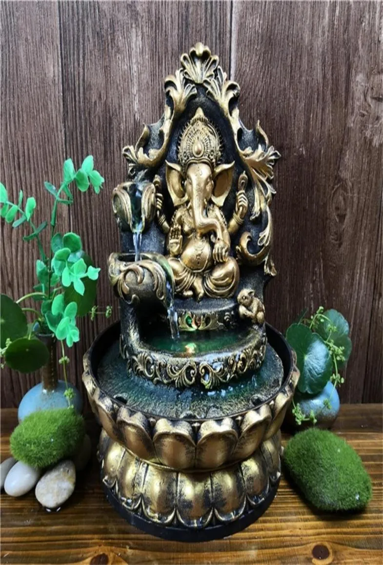 Statua di Ganesha indù fatta a mano Fontana d'acqua interna Led Waterscape Decorazioni per la casa Lucky Feng Shui Ornamenti Umidificatore T20035251166