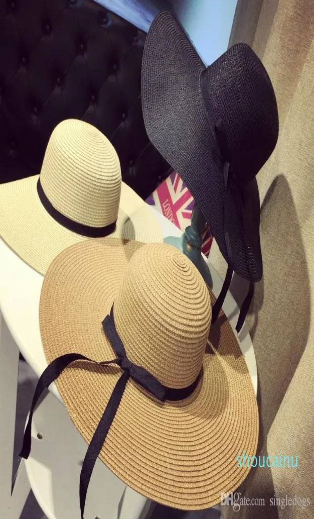 Grand chapeau de paille pliable pour femmes, style Boho, casquette de plage à Large bord, 3 couleurs avec nœud, vacances d'été, 8088664