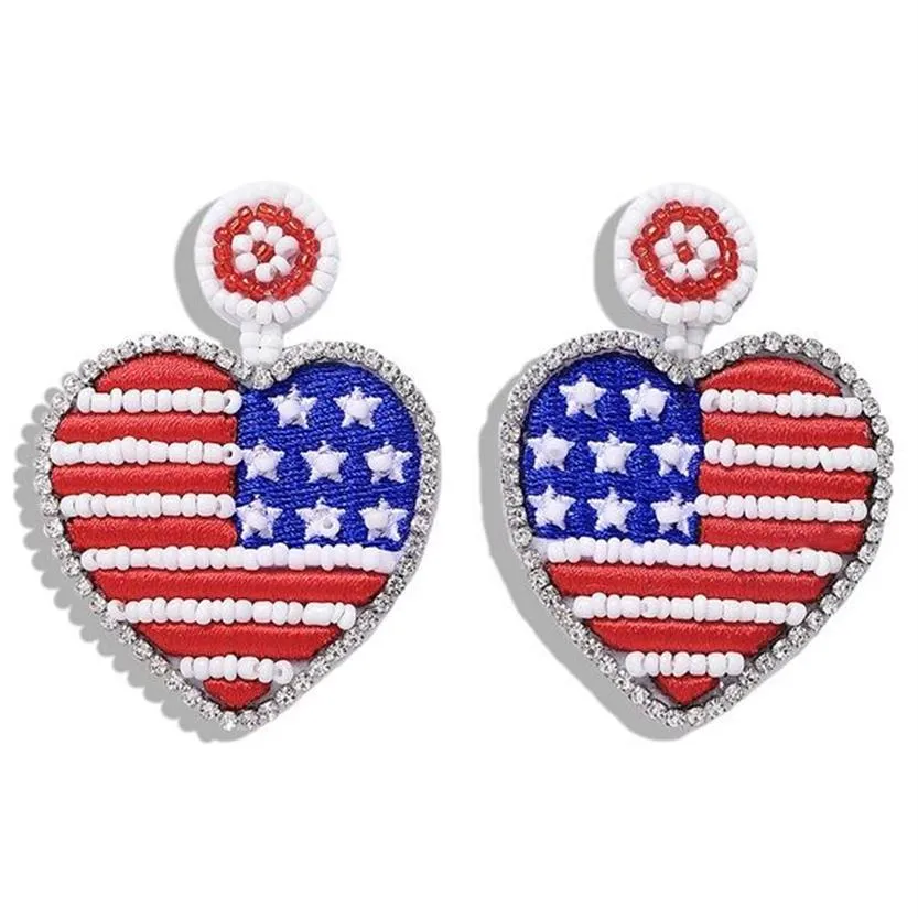 Whole- luxury designer exaggerated lovely cute colorful beaded America USA flag heart pendant stud earrings for women girls215C