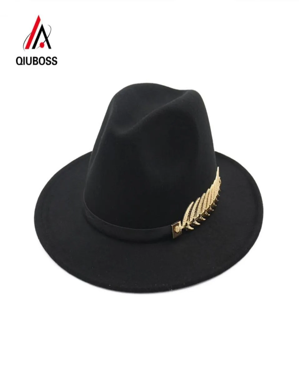 QIUBOSS Trend Einfarbig Männer Frauen Wollfilz Panama Hut Fedora Caps Leder Band Metall Blätter Muster Schwarz Jazz Trilby T2001182228493