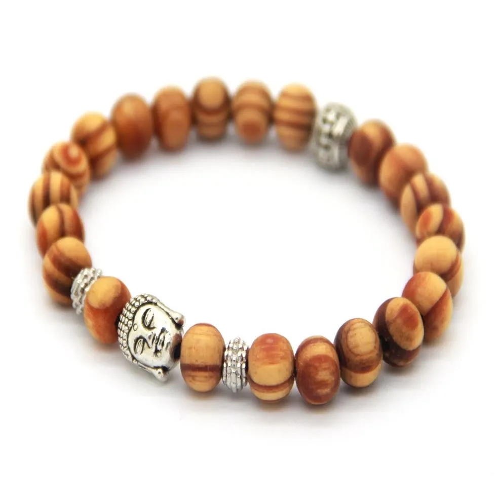 Ganz neue Ankunftsprodukte 8 mm antike silberne Buddha-Kopf-Perlenarmbänder mit schönen Holzperlen Jewelry326p